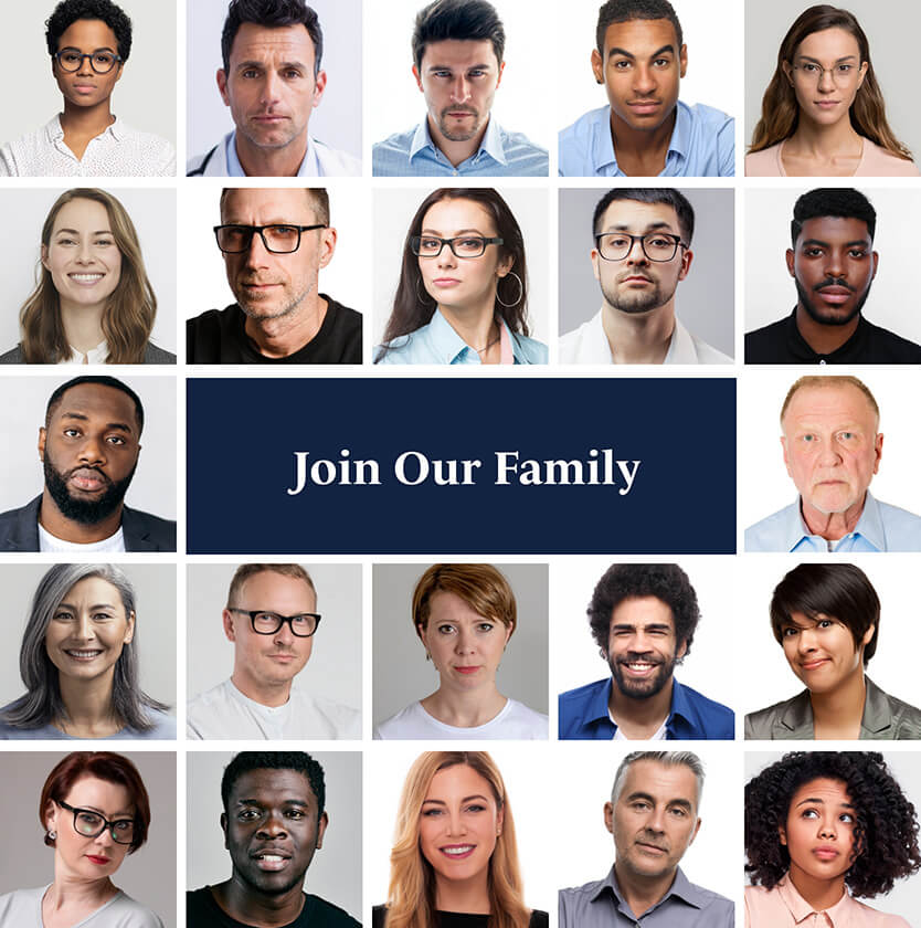 Collage of doctors and professionals of various ages with blue box in the center that says join our family