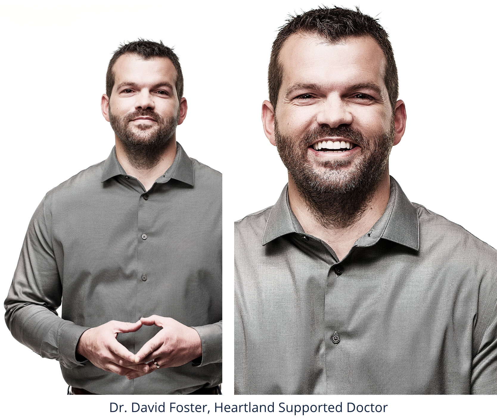 Confident male doctor with short hair wearing a pale grey collared shirt