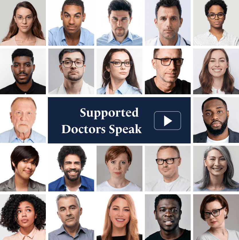 Collage of doctors and professionals of various ages with a play video button in the center