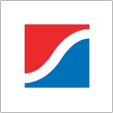 Blue and red square with a white curve through the center on the diagonal